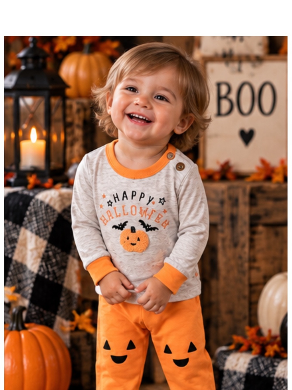 chick pea Gray and Orange Halloween Pumpkin Long-Sleeve Top and Pants Set
